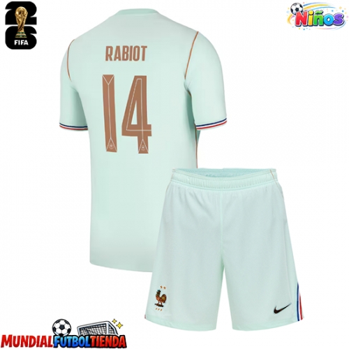 Camiseta Francia Adrien Rabiot #14 Segunda Equipación Replica Mundial 2026 para niños mangas cortas (+ Pantalones cortos)